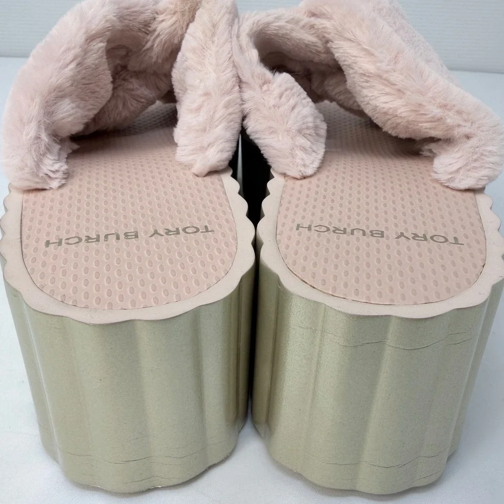 Tory Burch Womens Pink Faux Fur Platform Slides Rose Gold Sole Size 7